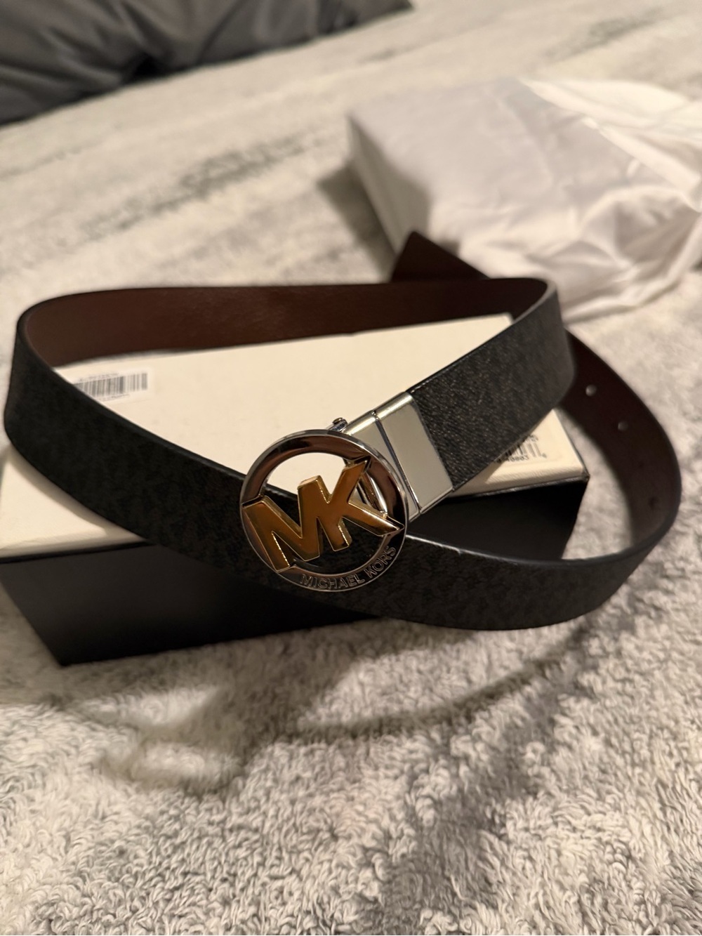 Michael Kors Black/Brown MK Logo Reversible Belt with Gold-Tone Buckle